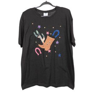 Western TShirt VTG 90s One Size L XL Horseshoe Cowboy Boot Cactus Stars Beads
